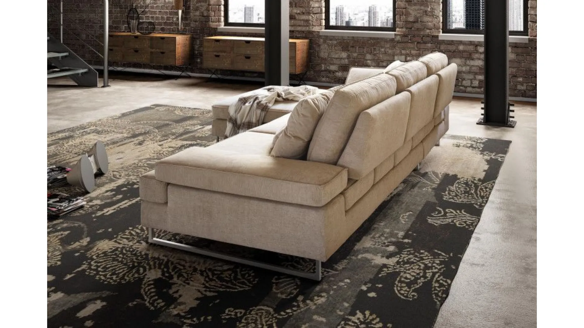 Luis angular fabric sofa with adjustable cushions.